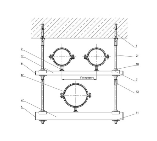 Крепления нескольких трубопроводов к перекрытию в Речице